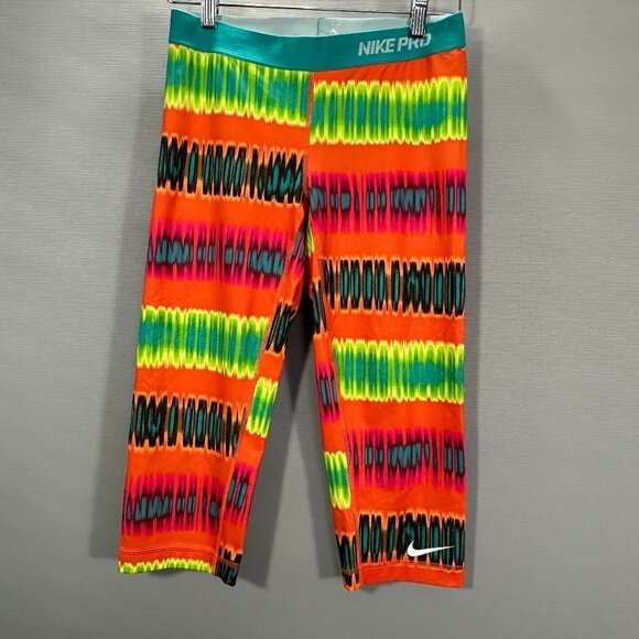 Nike Pro Pants Womens Medium Orange Stripe Stretch Compression Yoga Run Crop - Picture 1 of 8